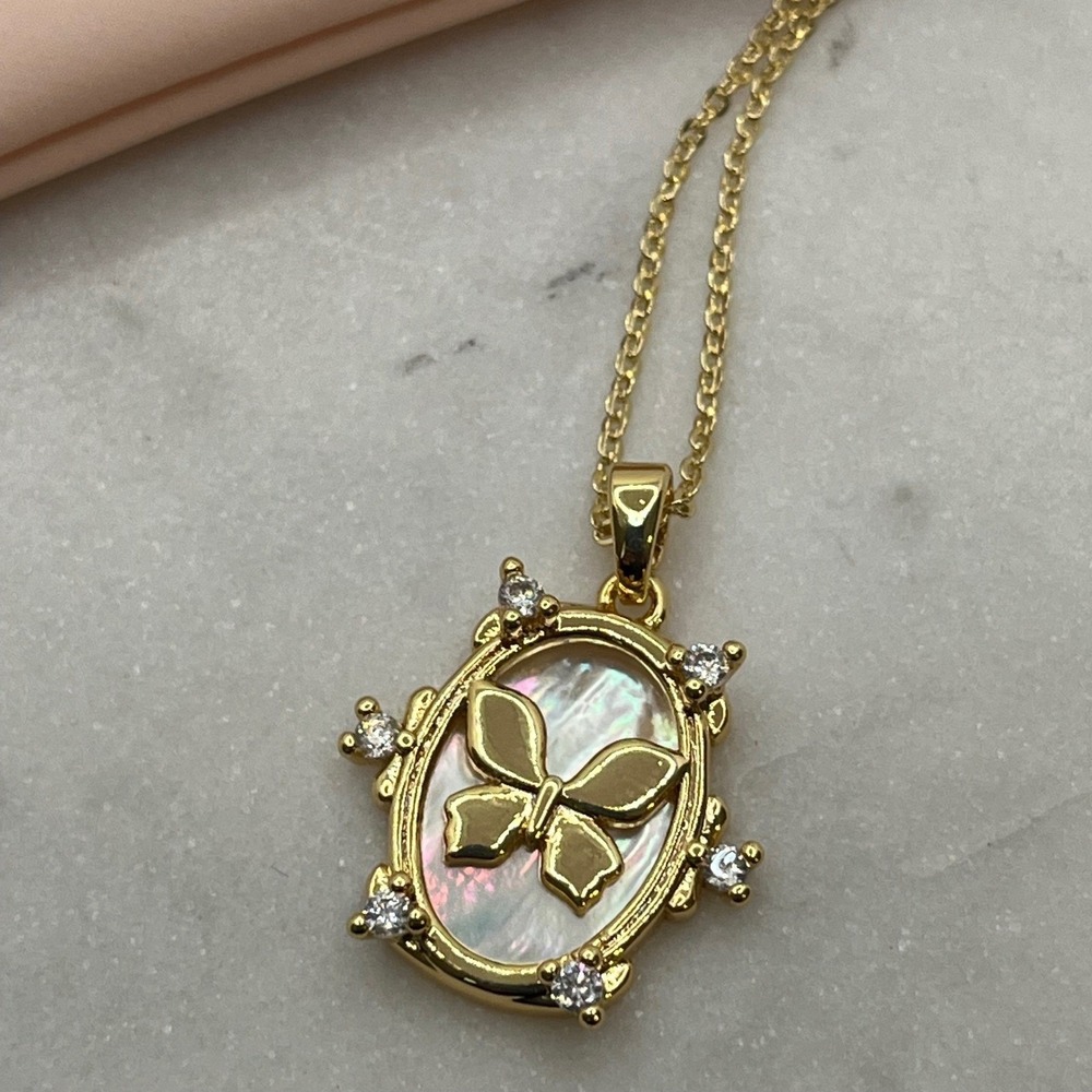 Dainty Butterfly Necklace Pearl Mother Adina Eden 14K Gold Plated Oval Jewelry‎